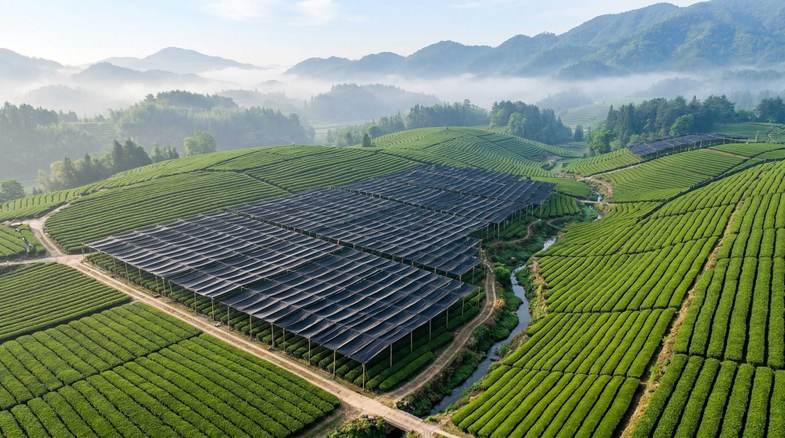 Organic matcha tea garden in China with large scale shaded plantation for premium matcha powder production