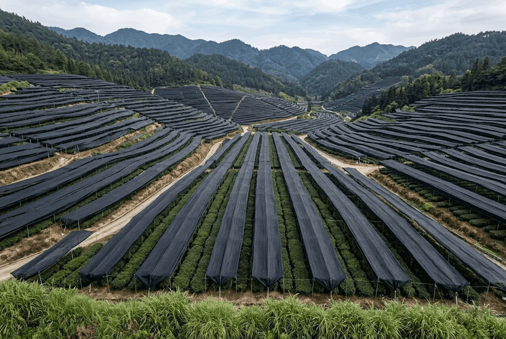 Shaded matcha tea plantation in China improving chlorophyll and flavor quality for premium matcha powder