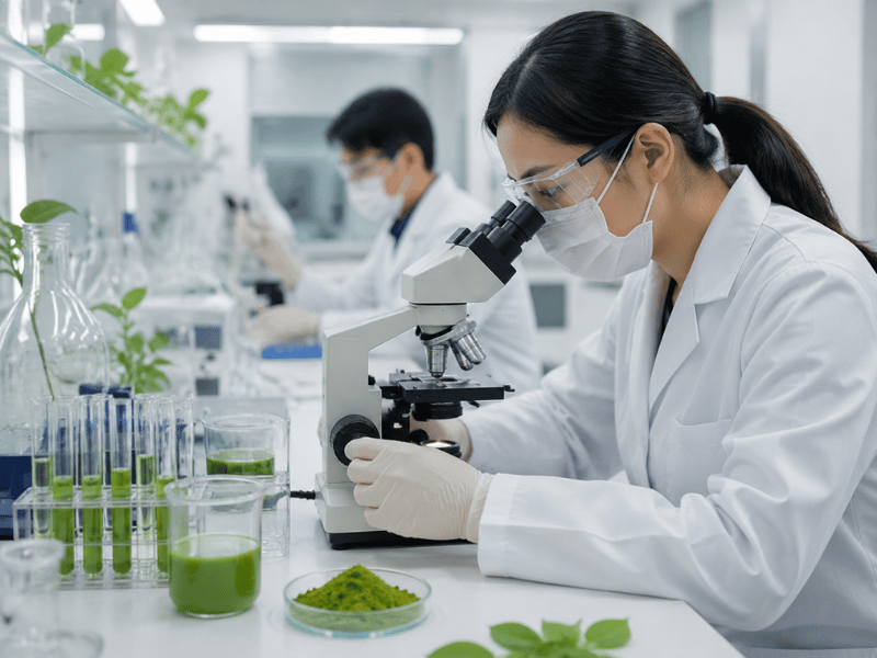 R&D scientist using microscope and testing matcha quality