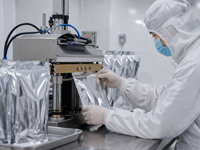 Chinese technician sealing pouches in cleanroom – FSSC 22000 compliant