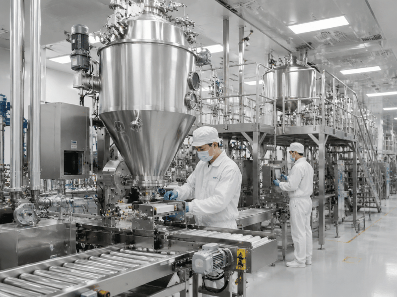 industrial instant tea production line with workers