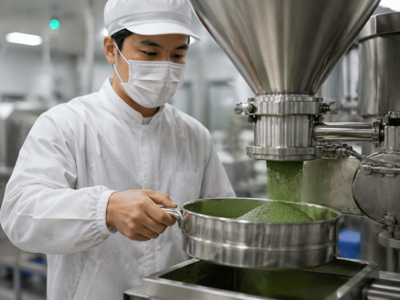 factory worker operating instant tea packaging machine