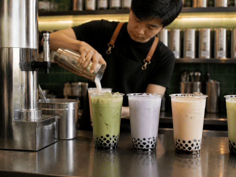barista preparing green tea drinks — bubble tea and lattes