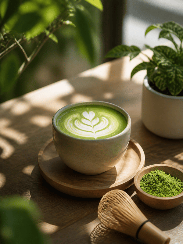 barista pouring instant tea latte in café with cups lined up