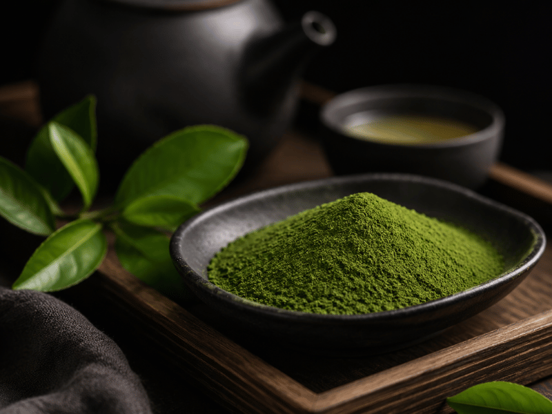 Bowls and plates of vibrant matcha powder — culinary presentation
