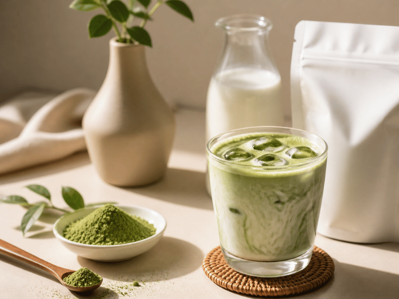 close-up of custom instant tea powder in glass with spoon