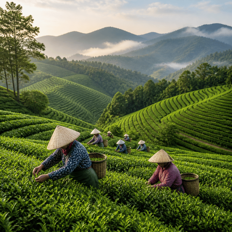 row of green tea drinks — professional beverage setup