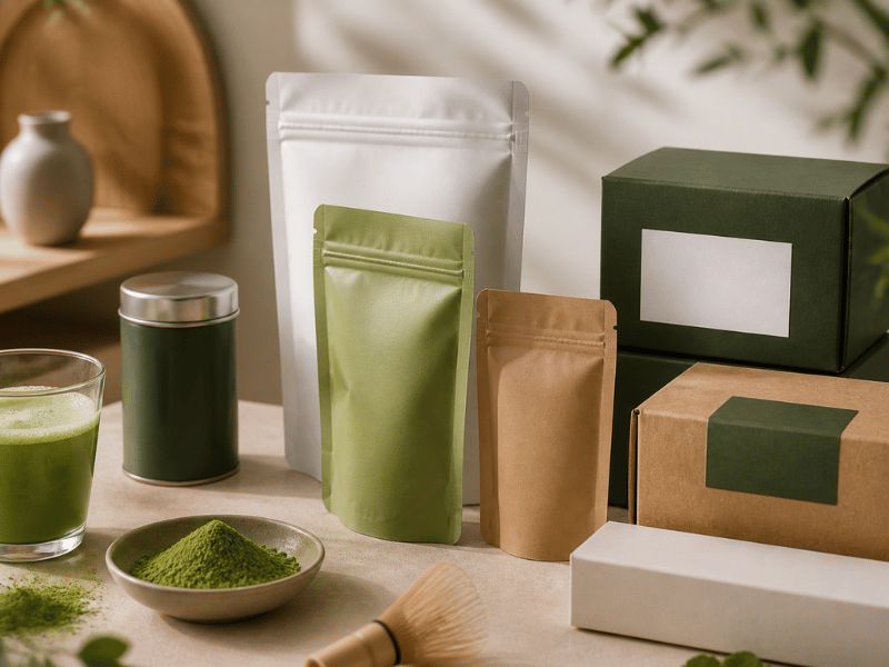 matcha pouches, tins, and boxes on table with iced drink