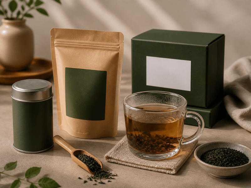 matcha packaging with iced drink and pouches on table