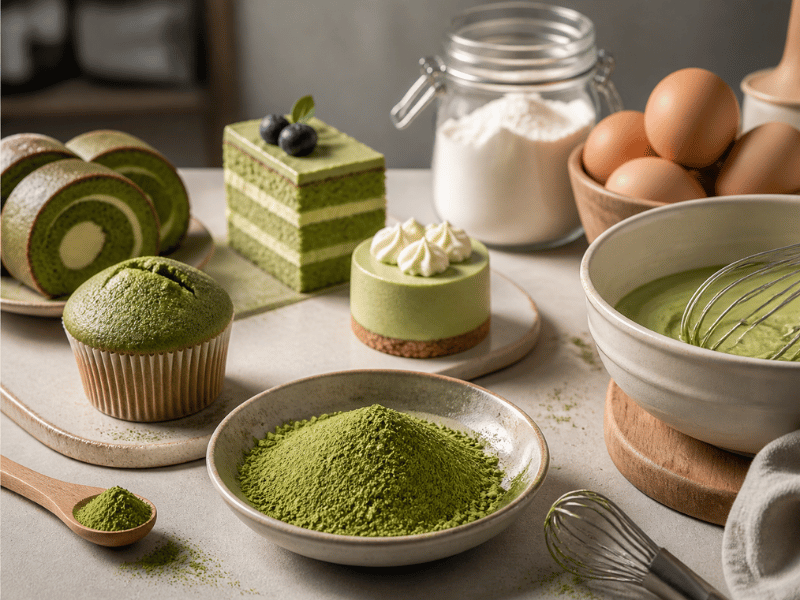 assortment of matcha desserts and fresh matcha powder on table