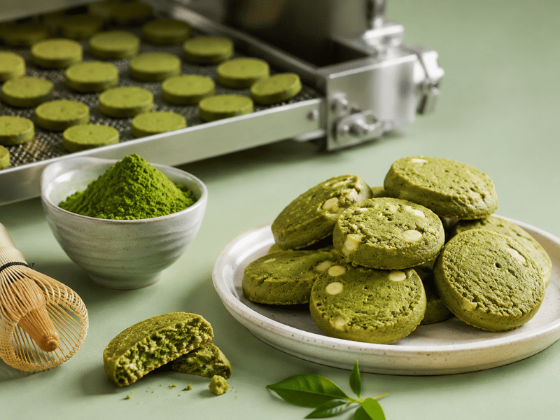 Baked matcha cookies and bowls of matcha powder — culinary showcase
