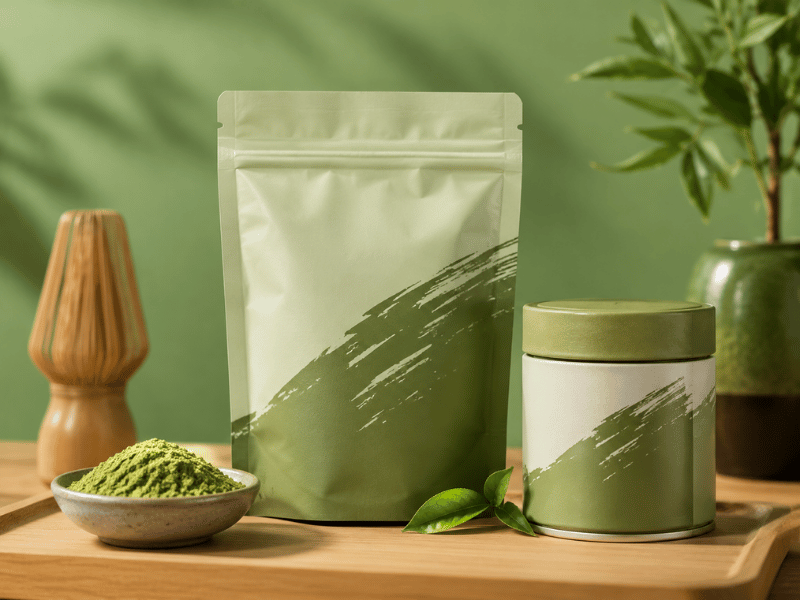 Jar with matcha powder and fresh salad ingredients — custom blends