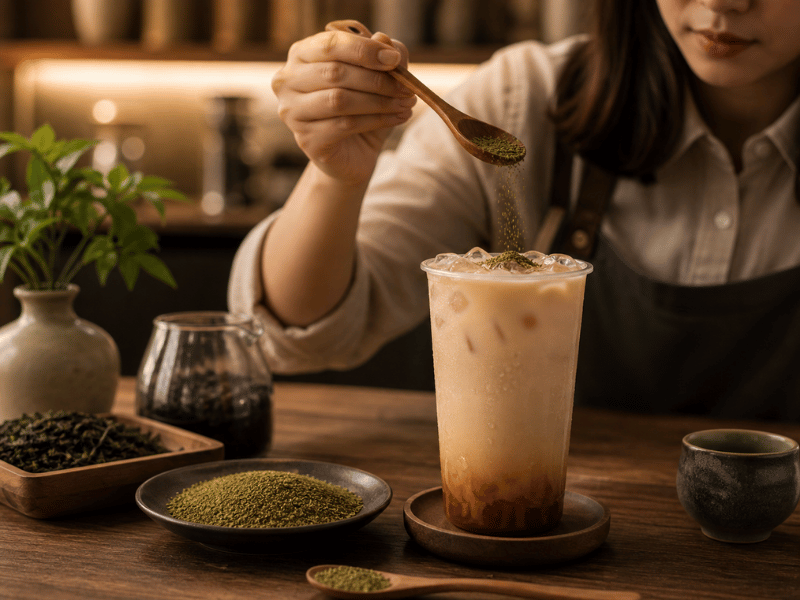 customer drinking oolong milk tea lifestyle cafe experience