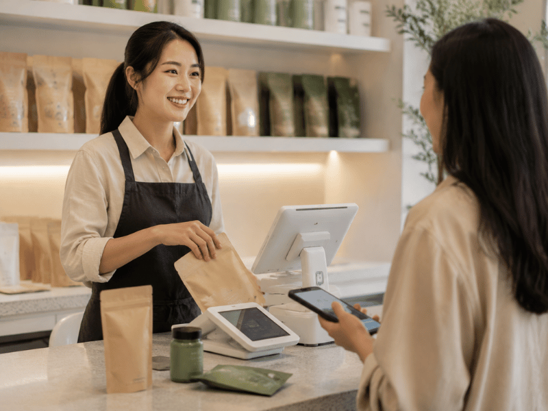 retail checkout scene with instant tea products