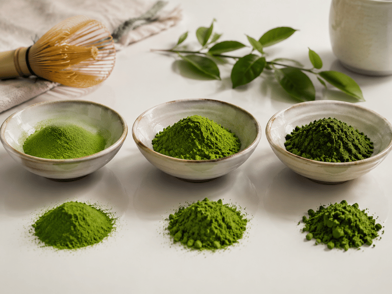 Various grades of matcha powder displayed in bowls — private label production