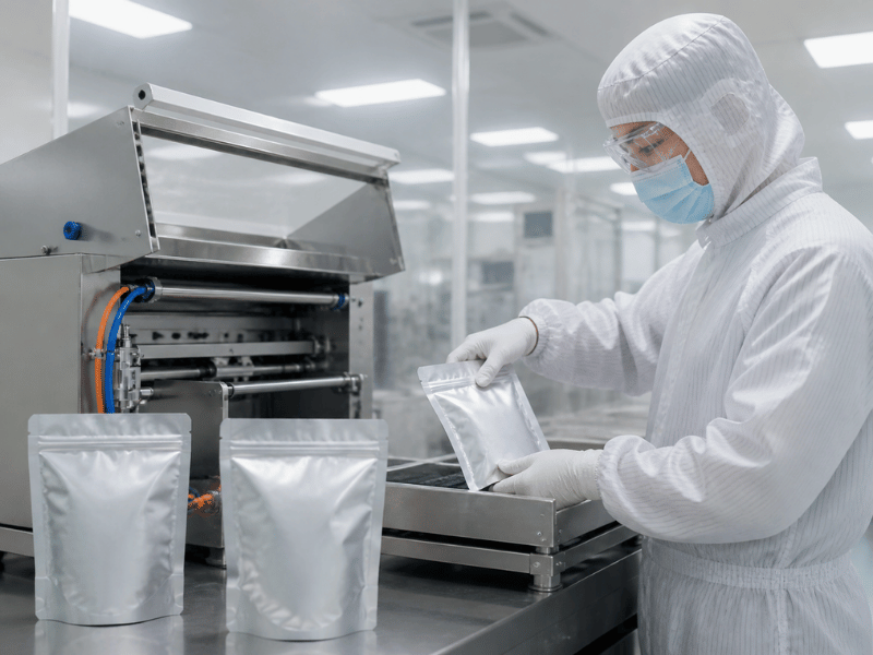 clean-room packaging – nitrogen-flushed aluminium foil pouches under sterile conditions