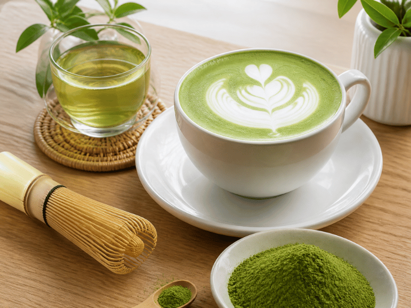 green tea latte in cup with bamboo whisk and powder — creamy and frothy beverage