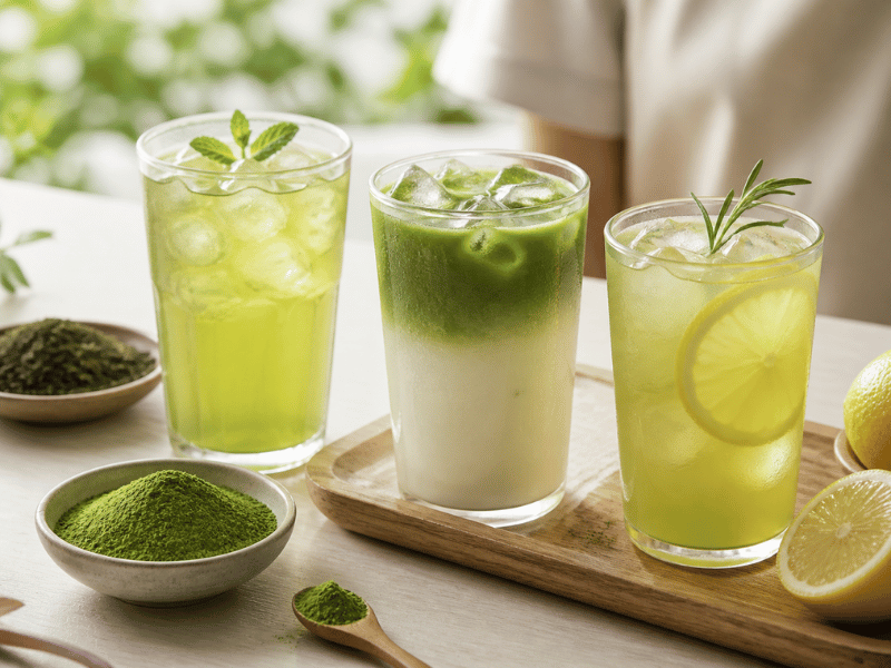 green tea powder in cold beverage with milk and ice — bubble tea application