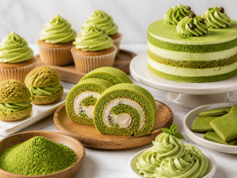 green tea pastries and cupcakes with powdered tea — bakery applications