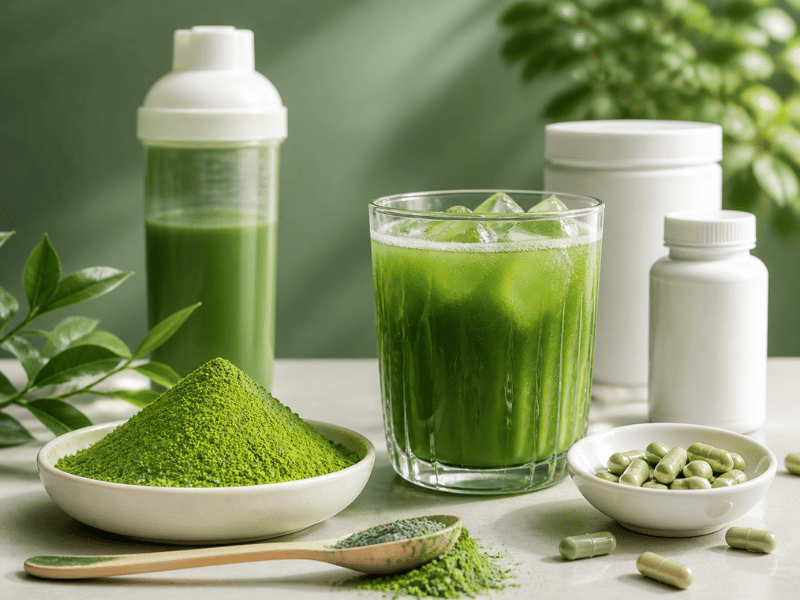 green tea powder, supplements, and prepared green tea drink – clean presentation for B2B