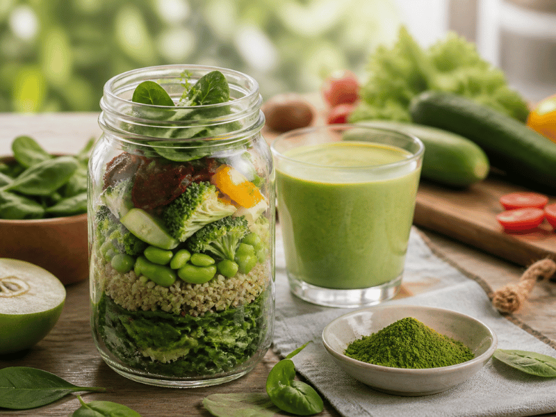 green tea smoothie in jar with fresh vegetables and powder — healthy beverage application