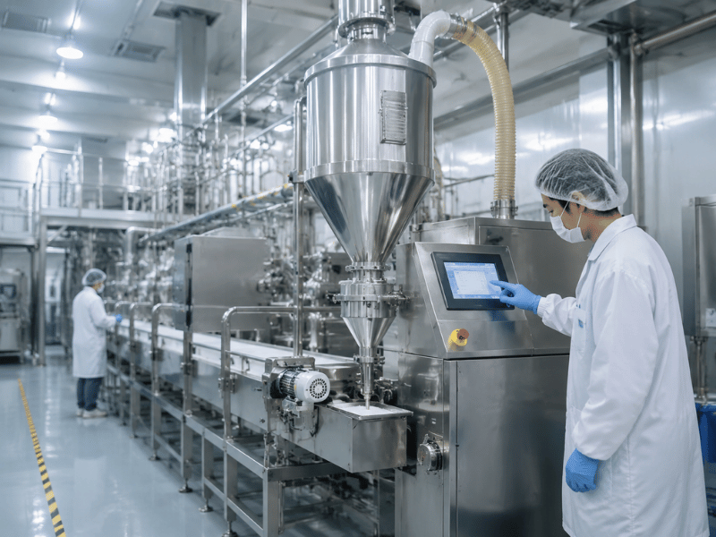 Technician monitoring industrial matcha production line