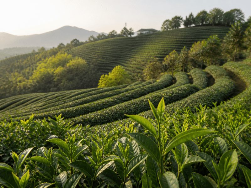 aerial view of lush green tea plantation on rolling hills