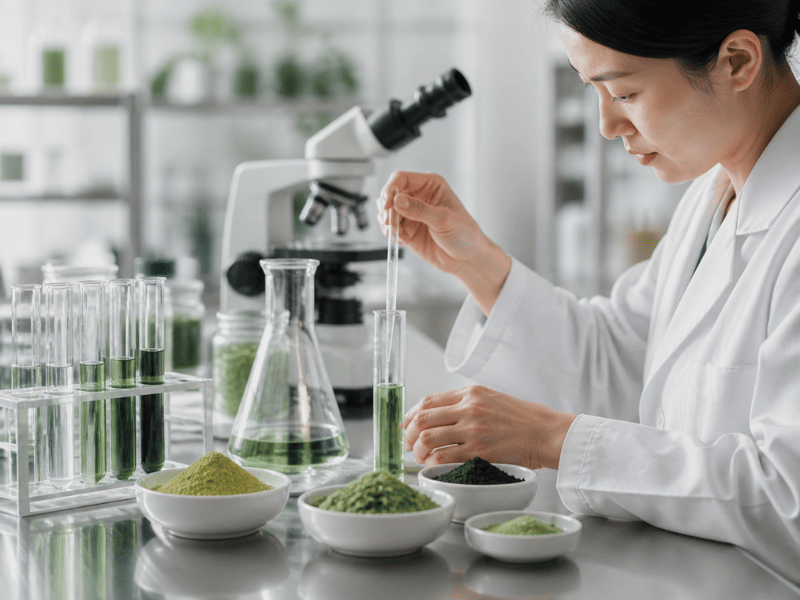 lab technician testing green tea powder under microscope – quality control