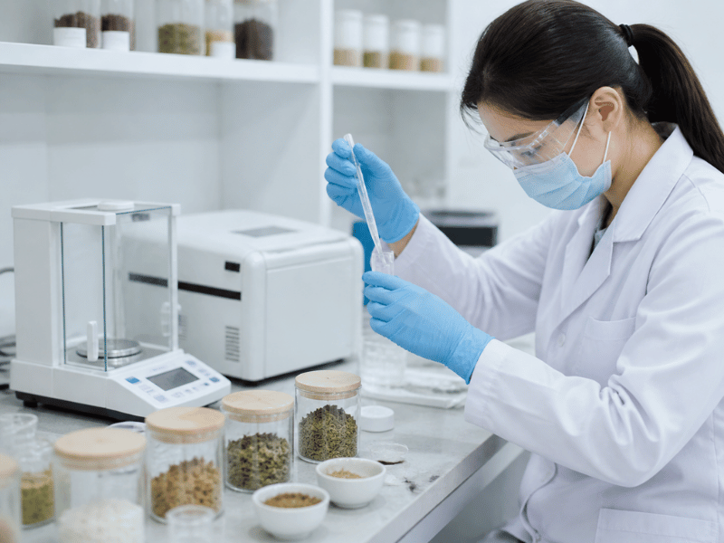 lab technician performing green tea powder tests for functional blends – precise measurement