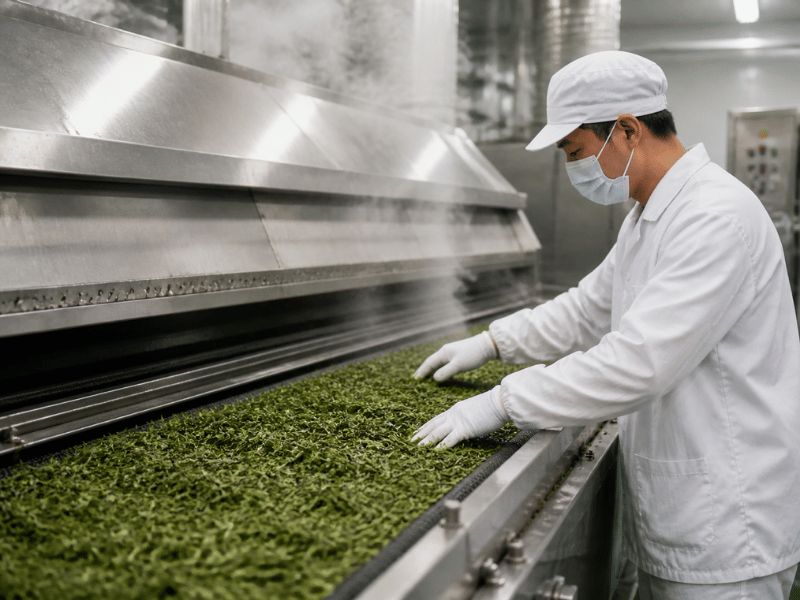 worker pouring green tea powder into mixing machine — industrial beverage prep