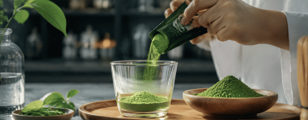 Instant Tea Sample Preparation - Premium Bulk Matcha Powder Supplier from China. pouring matcha powder into glass for preparation