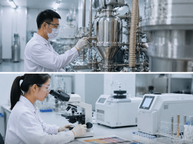 Lab technicians examining matcha powder under microscopes — quality testing