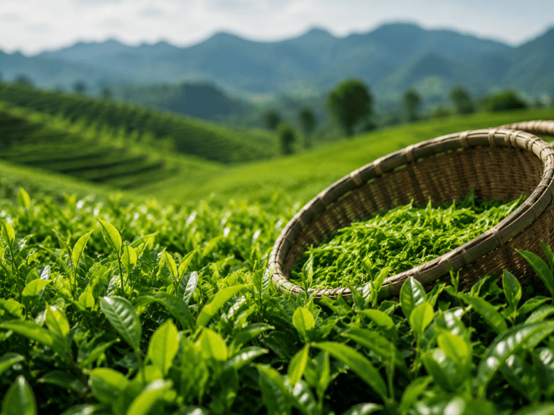 tea plantation with basket of fresh leaves