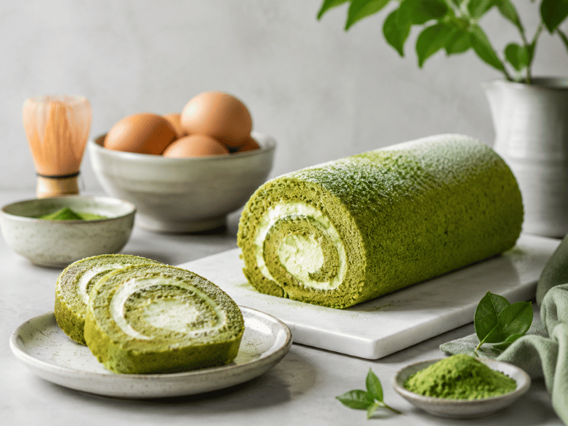 Rolled matcha cake slices with powdered matcha — bakery prototype testing
