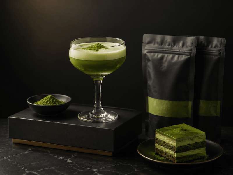 Elegant matcha cocktail and packaging — premium product presentation