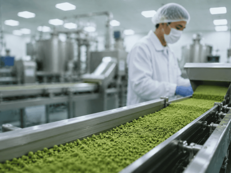 Assorted matcha powders and fresh ingredients — R&D table