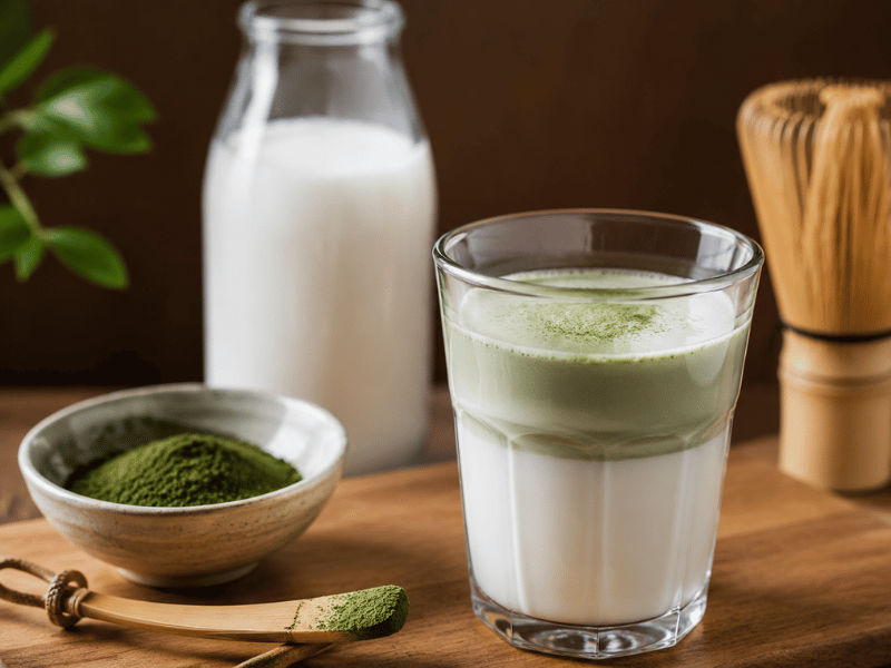Glass of matcha latte with milk and whisk on wooden table