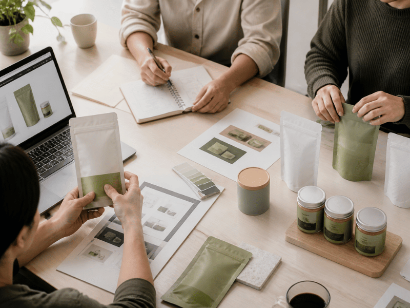 team reviewing matcha packaging and labels at table