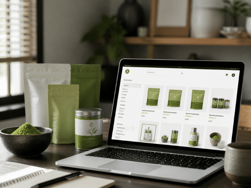 workspace with matcha packaging and laptop displaying product page