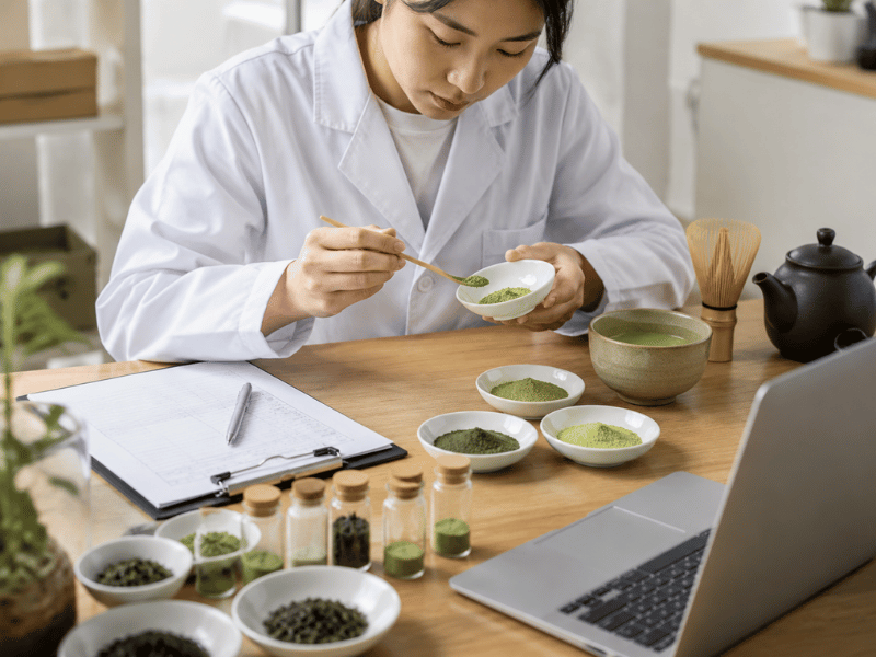 Technician scooping matcha powder — quality control