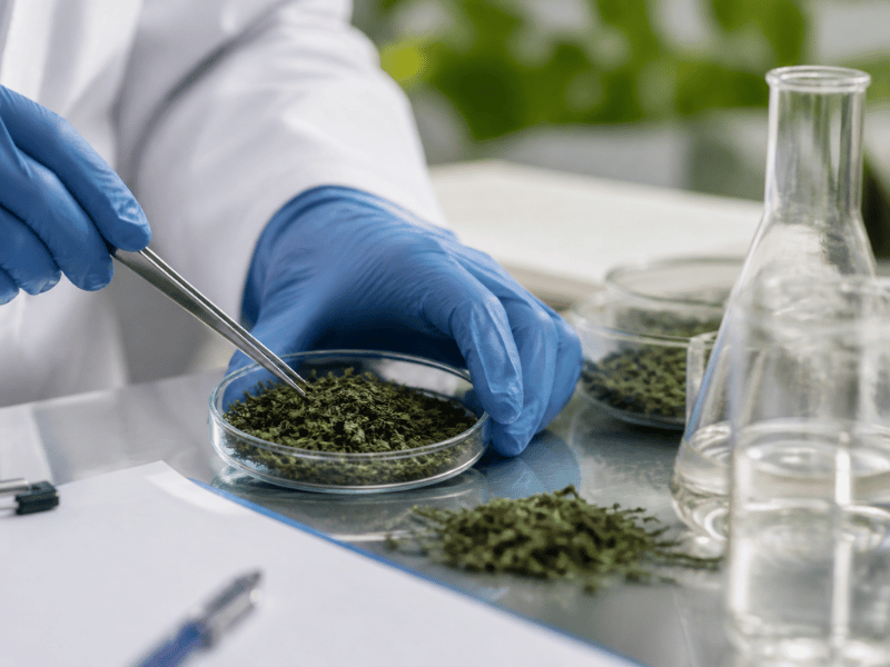 laboratory technician handling matcha powder with blue gloves