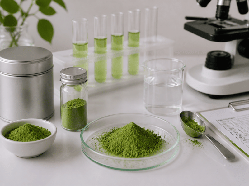 laboratory testing matcha powder with small containers and pipettes