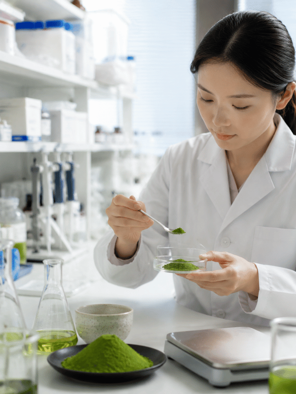 Female technician preparing matcha powder sample — prototype testing