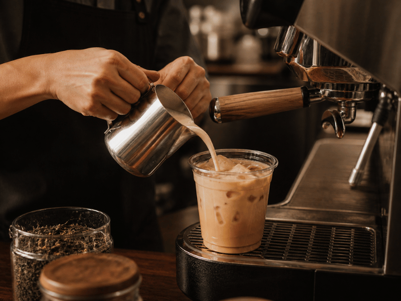 oolong milk tea preparation barista pouring tea latte process