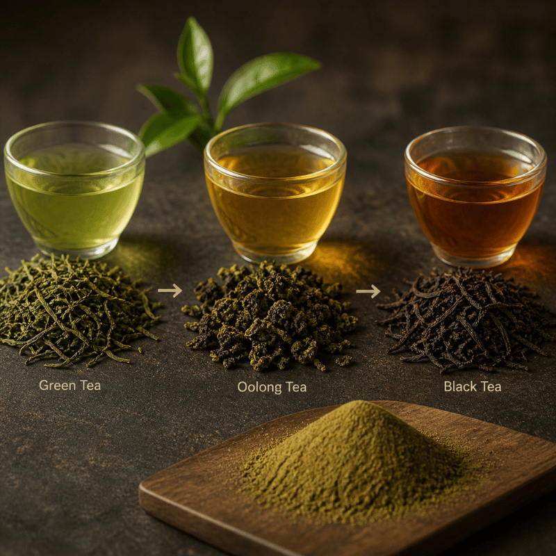 oolong vs green vs black tea powder comparison color flavor difference