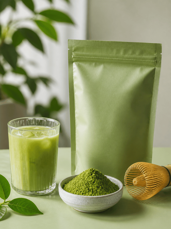 green tea powder packaging with beverage — commercial ready-to-use