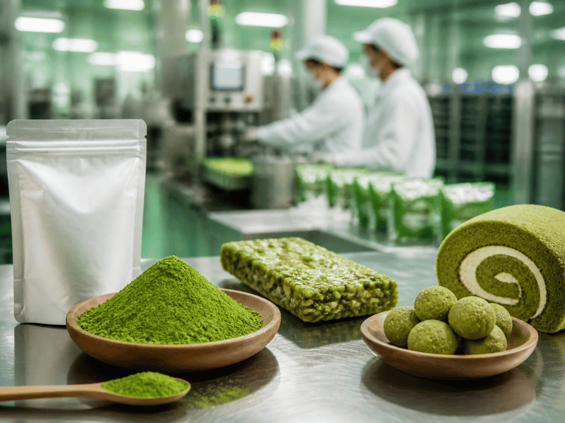 instant tea powder and finished green tea products in factory – packaged and ready for distribution