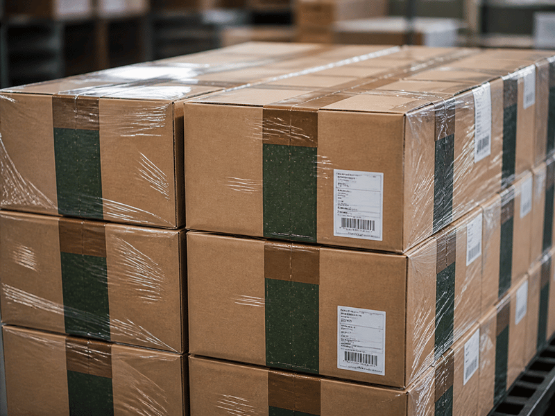 stacked boxes of matcha products ready for shipping