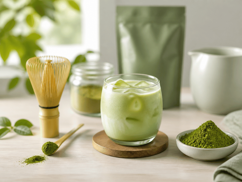 green tea powder in a glass with whisk and bowl — clean and natural presentation