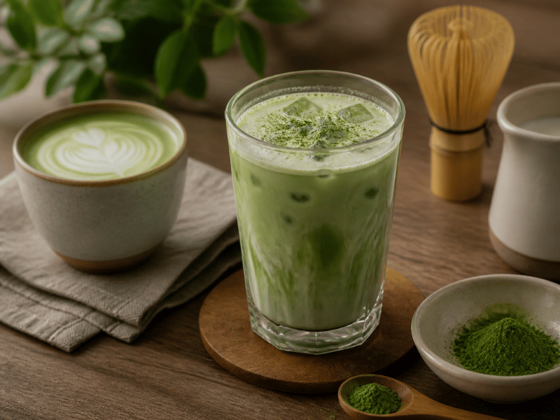 matcha latte and iced matcha drink on wooden table with bamboo whisk